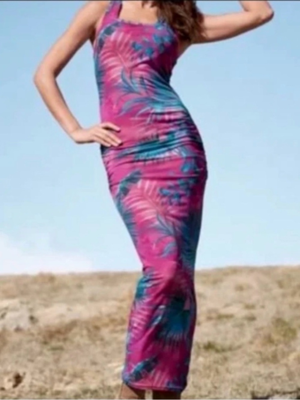 VENUS Purple and Blue Tropical Racerback Maxi Dress